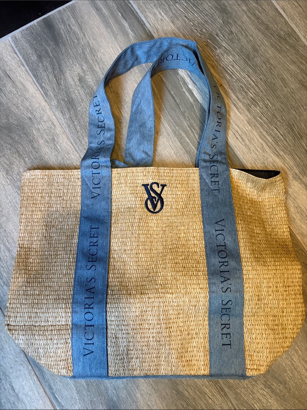 Victoria's Secret Straw Tote with Denim Blue Logo Straps